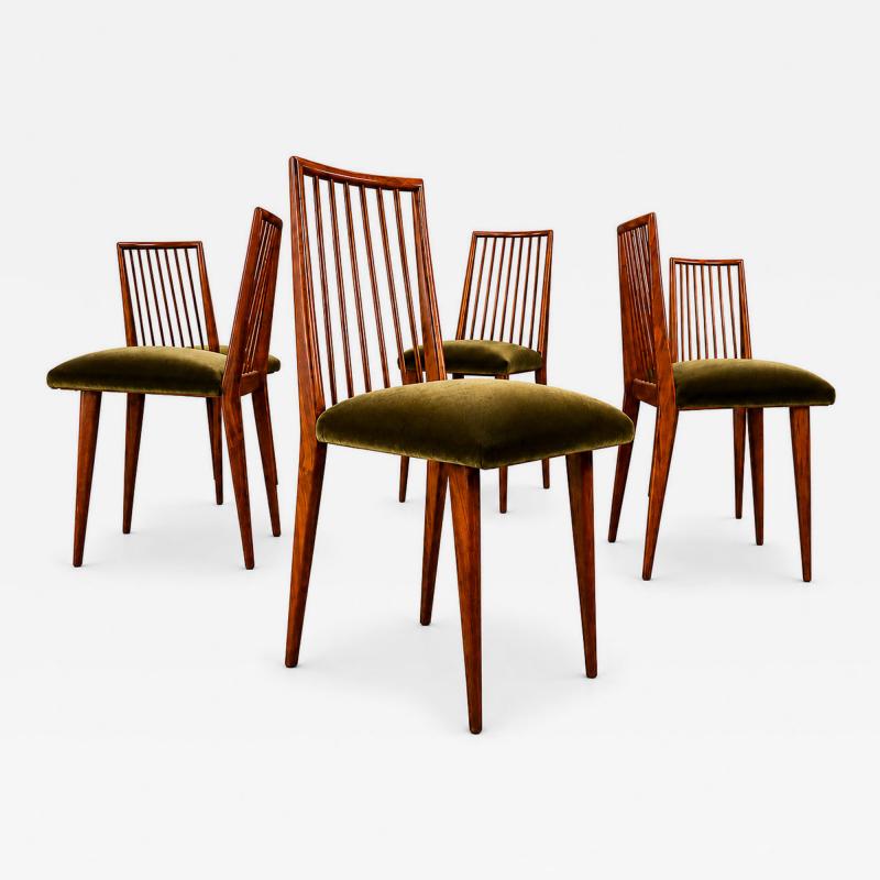 Joaquim Tenreiro Set of 6 Dining Chairs by Joaquim Tenreiro in Cavi na Wood Olive Green Mohair