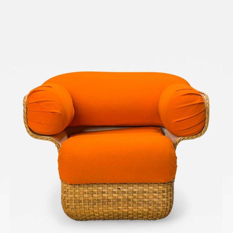 Joe Colombo Joe Colombo ItalianWicker and Bright Orange Upholstery Lounge Armchair