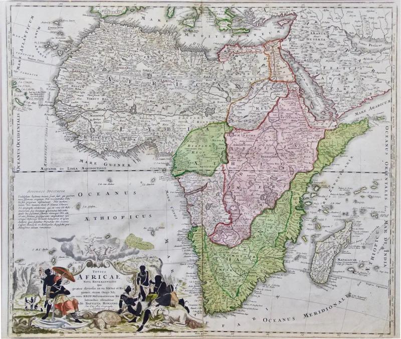 Johann Baptist Homann 18th Century Hand Colored Homann Africa Map Totius Africae Nova Representatio 