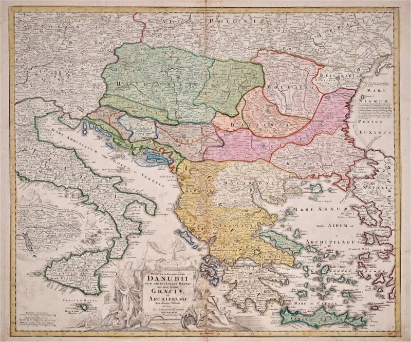 Johann Baptist Homann Hand Colored 18th Century Homann Map of the Danube Italy Greece Croatia