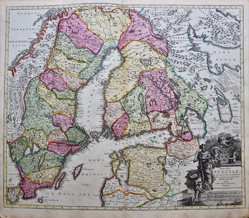 Johann Baptist Homann Sweden and Adjacent Portions of Scandinavia A Hand colored 18th C Homann Map