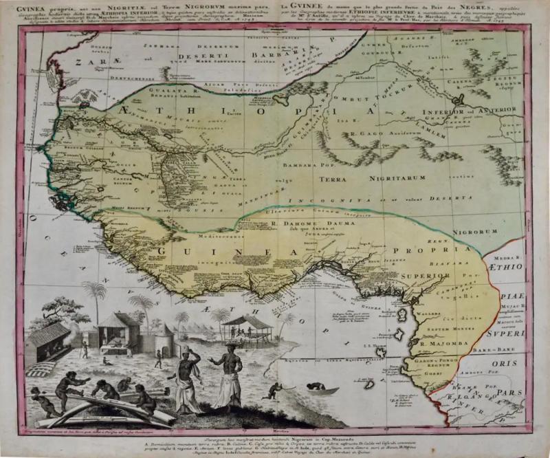 Johann Baptist Homann West Africa 18th Century Hand colored Homann Map Entitled Guinea Propria 
