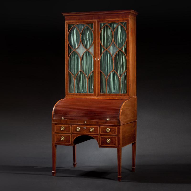 John Aitken Federal Inlaid Mahogany Tambour Cylinder Secretary Bookcase