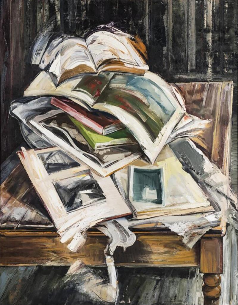 Books on a Table Still Life Oil Painting on Canvas John Monks, 1990