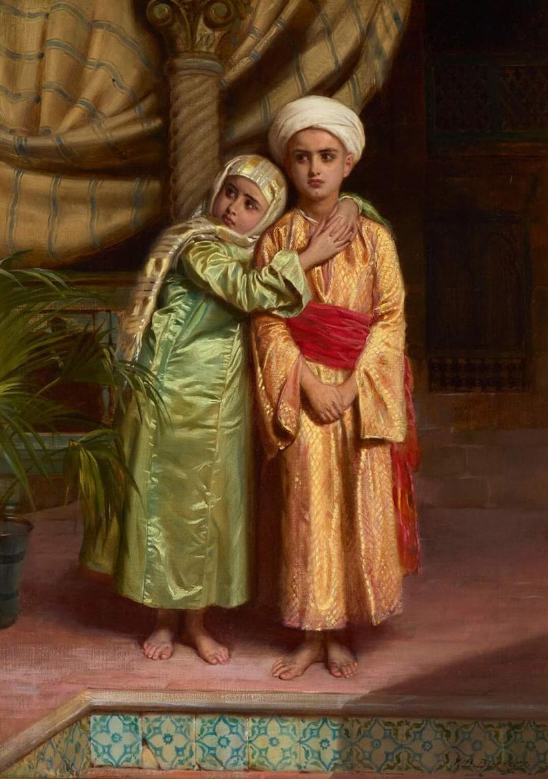 John Bagnold Burgess Orientalist oil portrait of a pair of siblings by Burgess