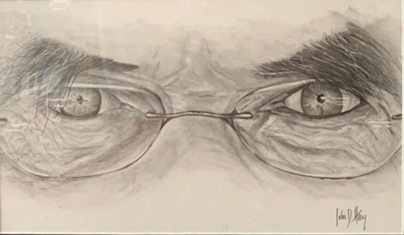 John D Herz Original Sketch of an Intense Gaze Behind Glasses Charcoal on Paper Framed