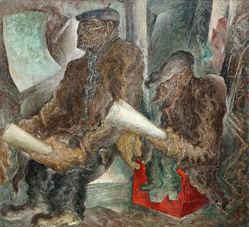 John DeForest Stull WPA Style Scene of Working Men Seated with Newspapers by John Deforest Stull