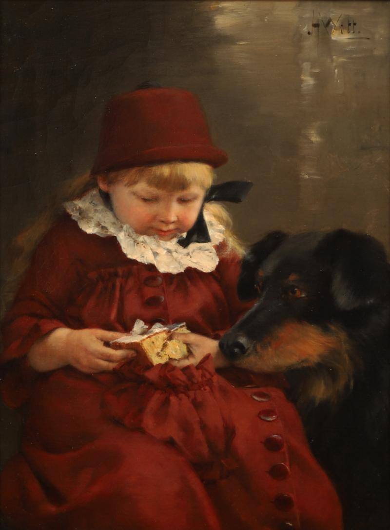 John Henry Witt LITTLE GIRL SHARING CAKE WITH HER DOG