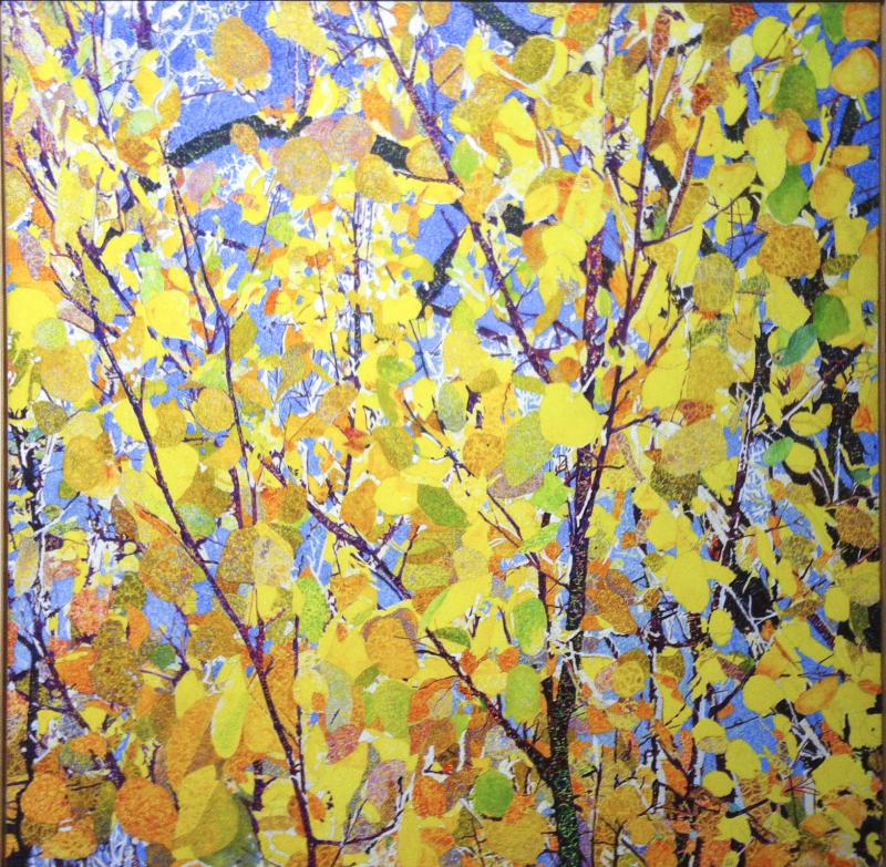 John Hogan Aspens Mixed Media Painting Yellow Leaves Blue Sky