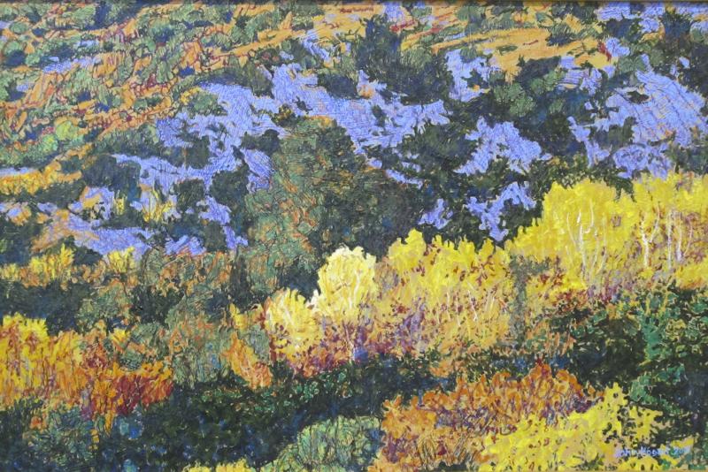 John Hogan Autumn Aspens Rio En Medio New Mexico Landscape Painting Yellow Blue Green