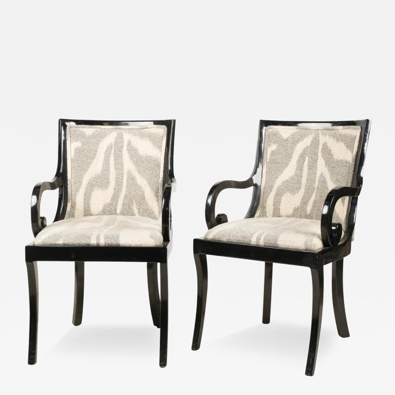 John Hutton Pair of Donghia Black Lacquered Designer Arm Chairs W Zebra Seats