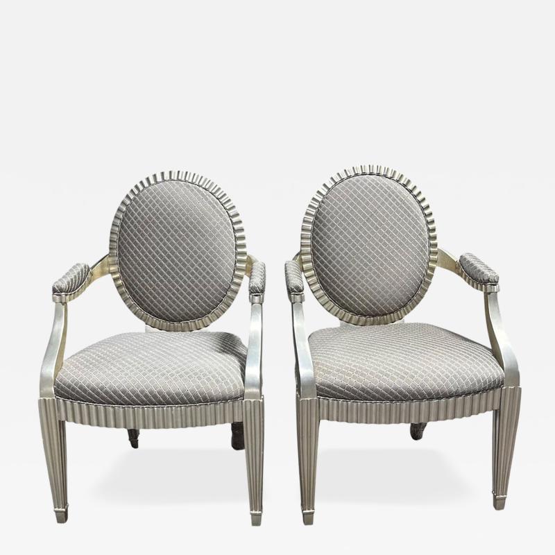 John Hutton Pair of John Hutton for Donghia Green Silk Silver Giltwood Grand Flute Chairs