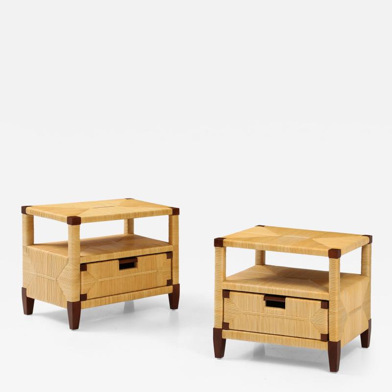 John Hutton Pair of Mahogany and Rush Rattan End Tables by John Hutton for Donghia