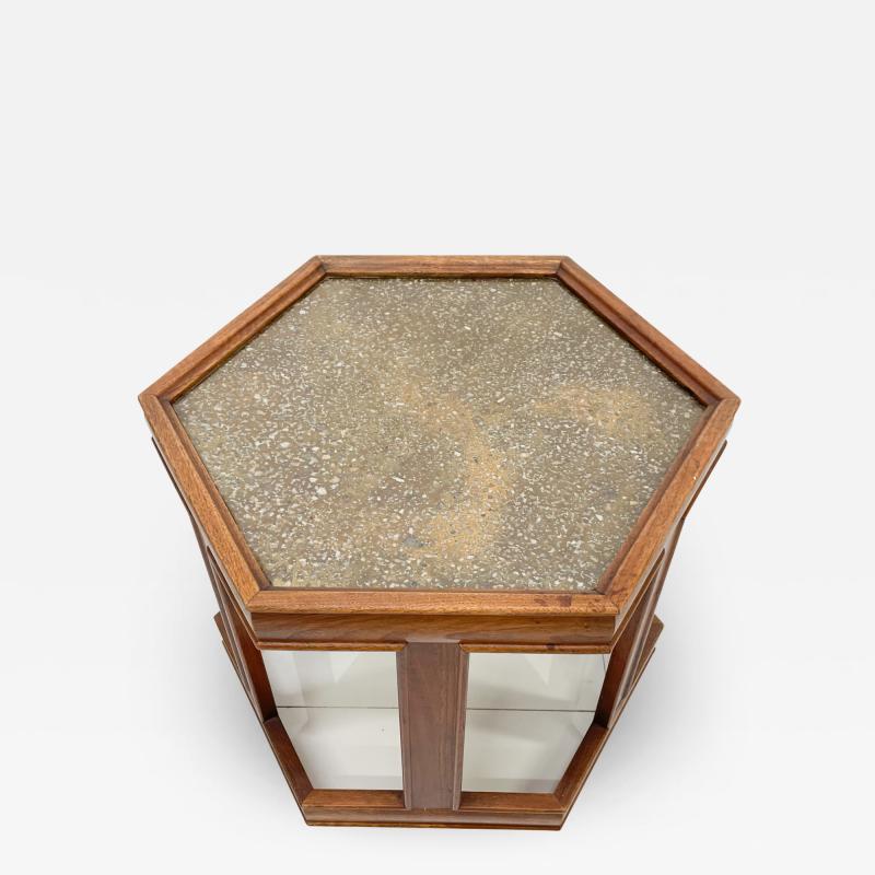 John Keal John Keal Brown Saltman Hexagon Walnut Side Table Glass Textured Enamel 1960s