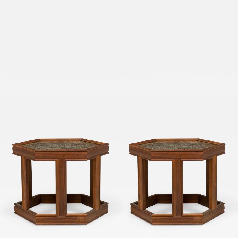 John Keal Pair Of John Keal Hexagonal Reverse Painted Glass And Oak Occasional End Tables