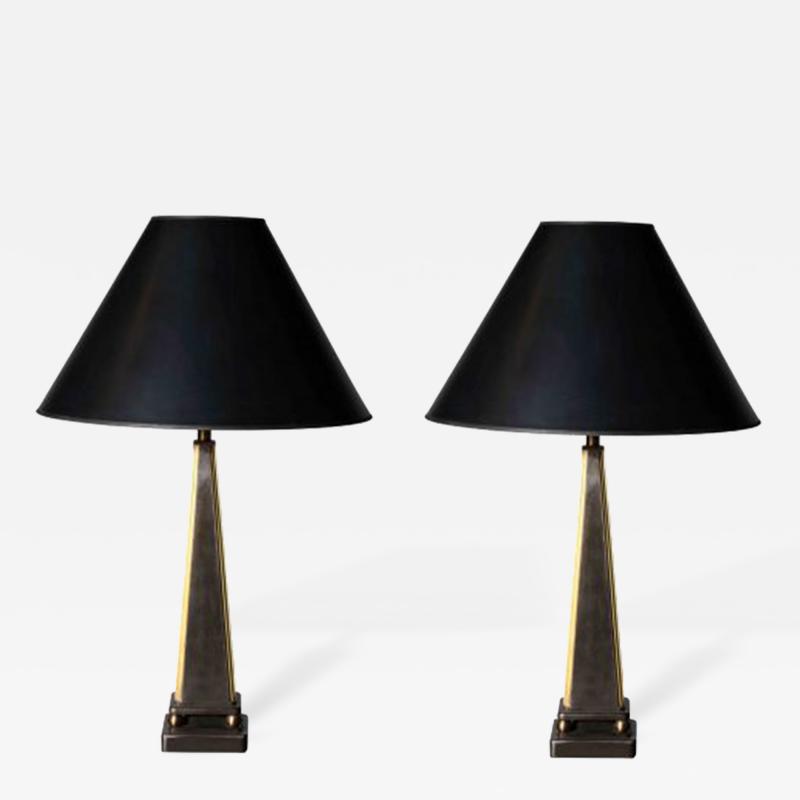 John McDevitt Pair of Pyramid Form Steel Table Lamps Gold Detail