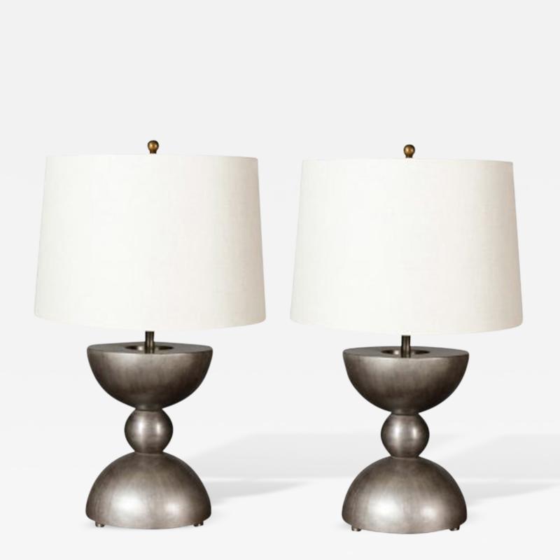 John McDevitt Small Pair of Sculptural Patinated Steel Geometric Form Lamps Pewter Finish