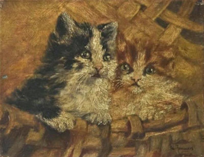 John Remmers Two Kittens in a Basket Oil on Panel Early 20th Century