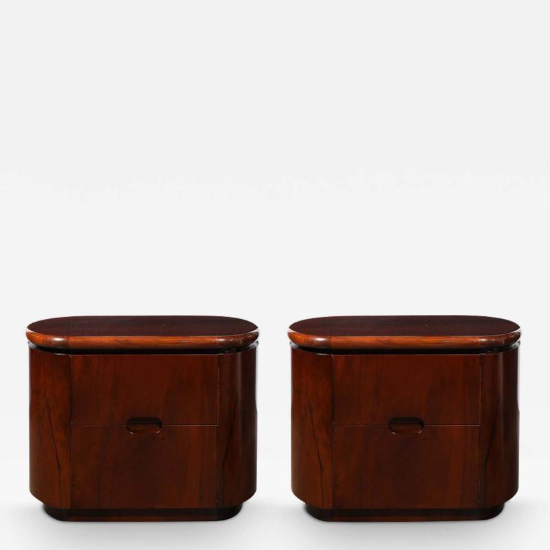 John Stuart Pair of Mid Century Modernist Walnut Bullet Form Nightstands Signed John Stuart