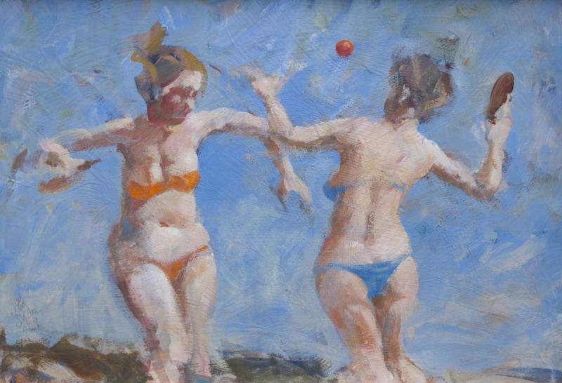 John Suplee Acrylic on Panel Entitled Paddleball for Grigory Gluckmann 