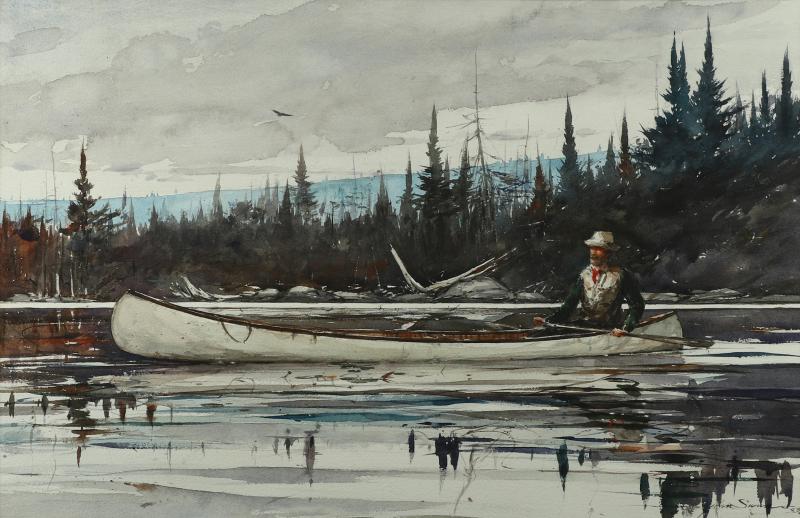 John Swan Man in a White Co Canoe Paddling on a Maine Lake
