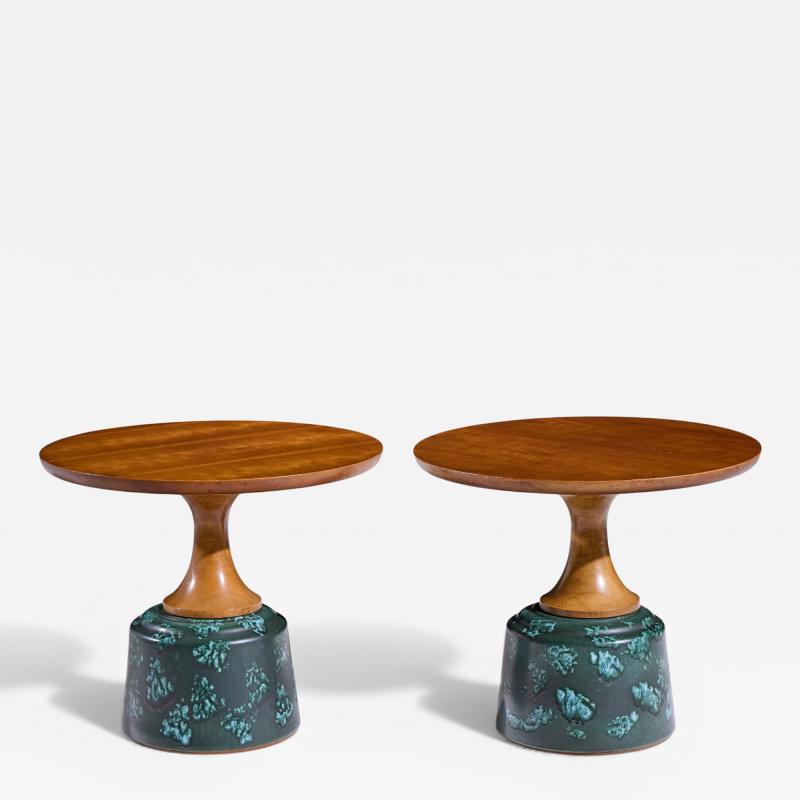 John Van Koert John Van Koert for Drexel Green Ceramic and Walnut Side End Tables Pair