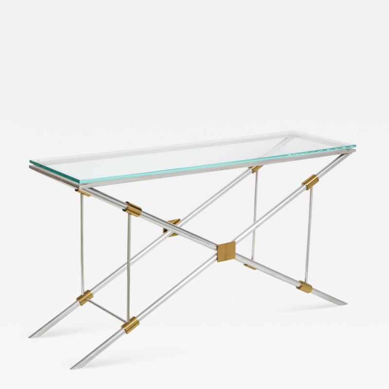 John Vesey Console Table Polished Aluminum with Brass Trim by John Vesey