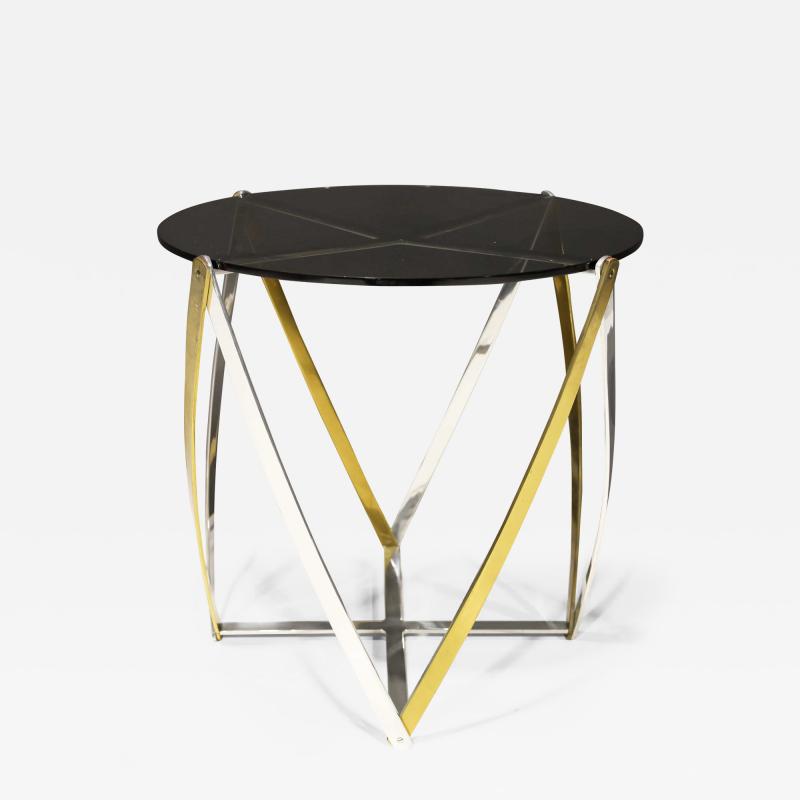 John Vesey John Vesey Brass and Brushed Aluminum End Table 1970s Smoked Glass Top