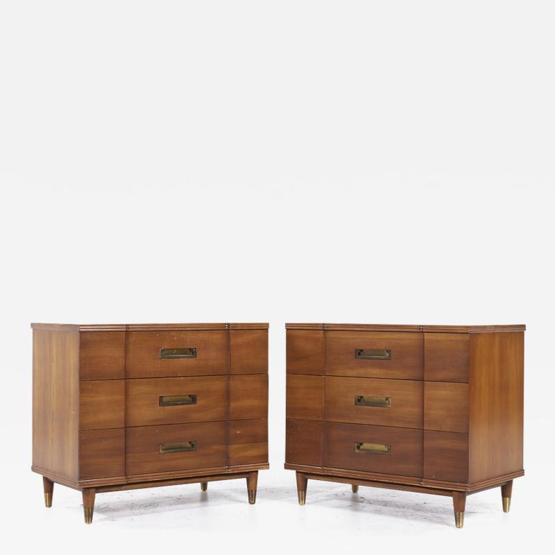 John Widdicomb Mid Century Walnut and Brass Chest of Drawers Pair