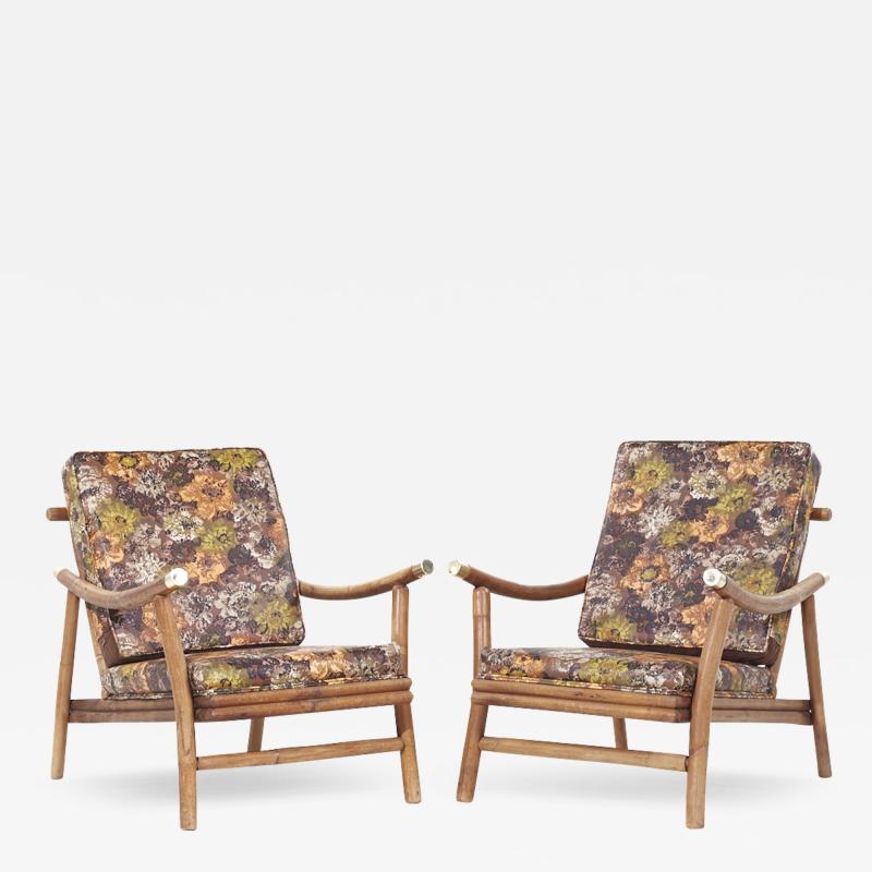 John Wisner John Wisner for Ficks Reed MCM Brass and Rattan Pagoda Lounge Chairs Pair