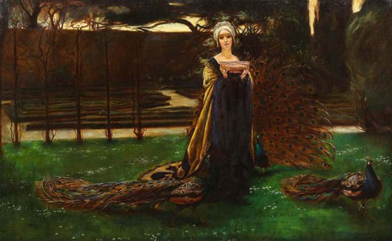 John Young Hunter Magnificent Quality Oil Painting Lady with Three Peacocks In The Garden 