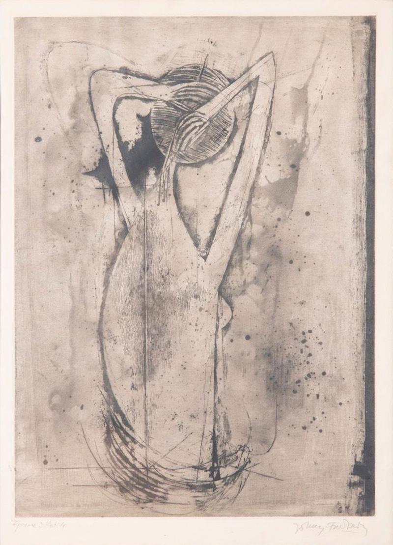 Johnny Friedlaender Etching La Coiffure Nude Woman Hairdressing in Shower 1955