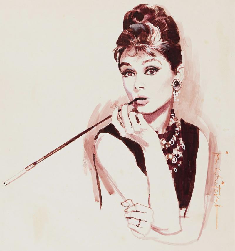 Jon Whitcomb Audrey Hepburn Portrait from Breakfast at Tiffany original artwork on paper