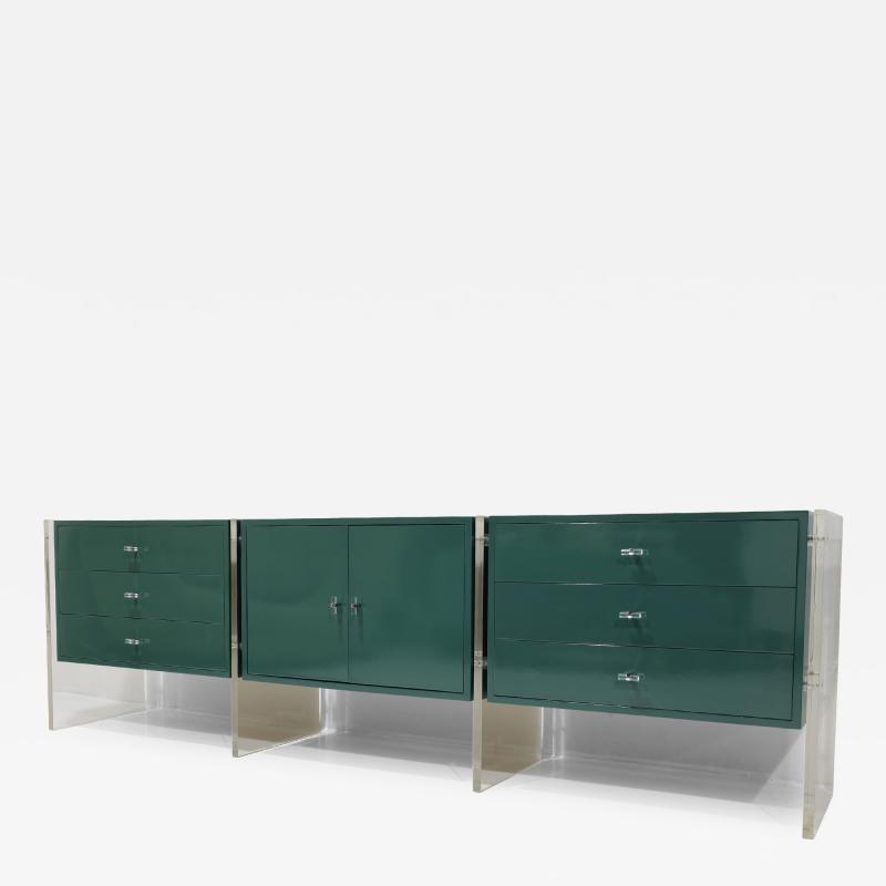 Jonathan Adler Three Section Mid Century Sideboard with Lucite Legs and Knobs in Green Lacquer