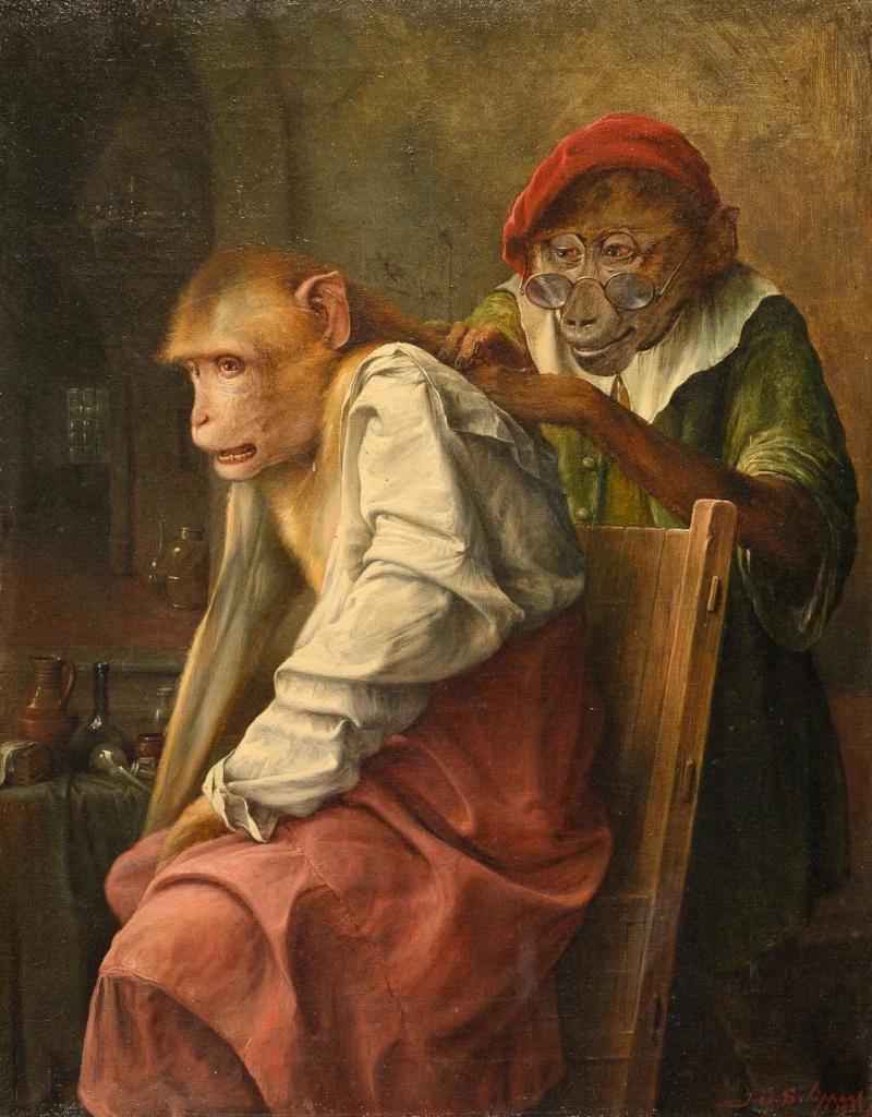 Jos Schippers The medical examination Singerie by Belgian painter Jos Schippers