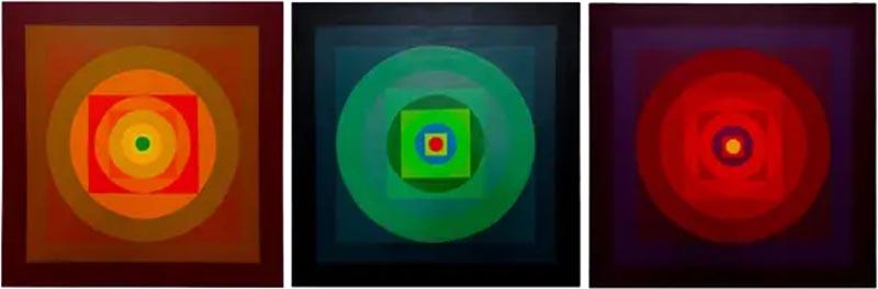 Josef Albers 2013 Colorful Geometric Op Art Triptych Paintings Set of 3