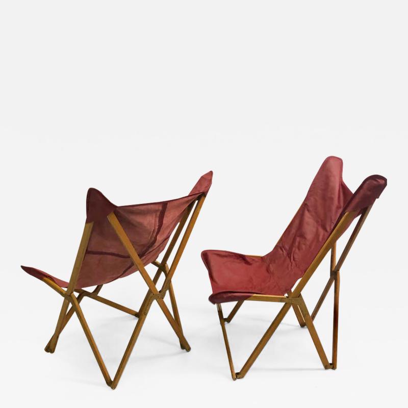 Joseph Fendy Pair of Italian Wood and Leather Folding Tripolina Lounge Chairs Joseph Fendy