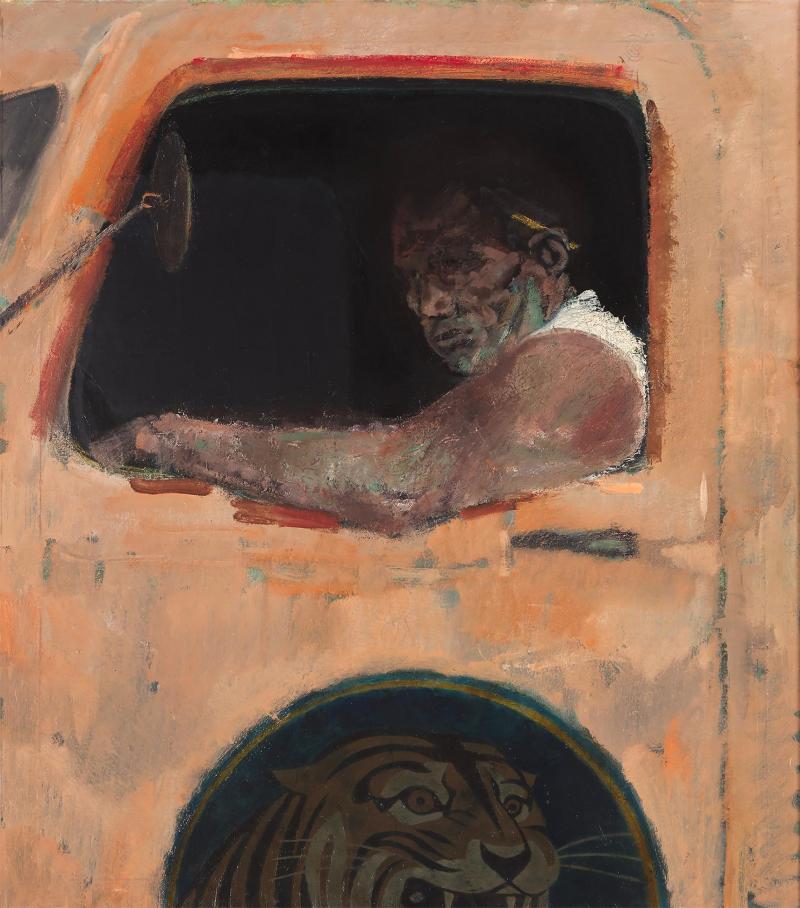 Joseph Hirsch Blue Collar Gritty Truck Driver with Tiger Color field meets Social Realism