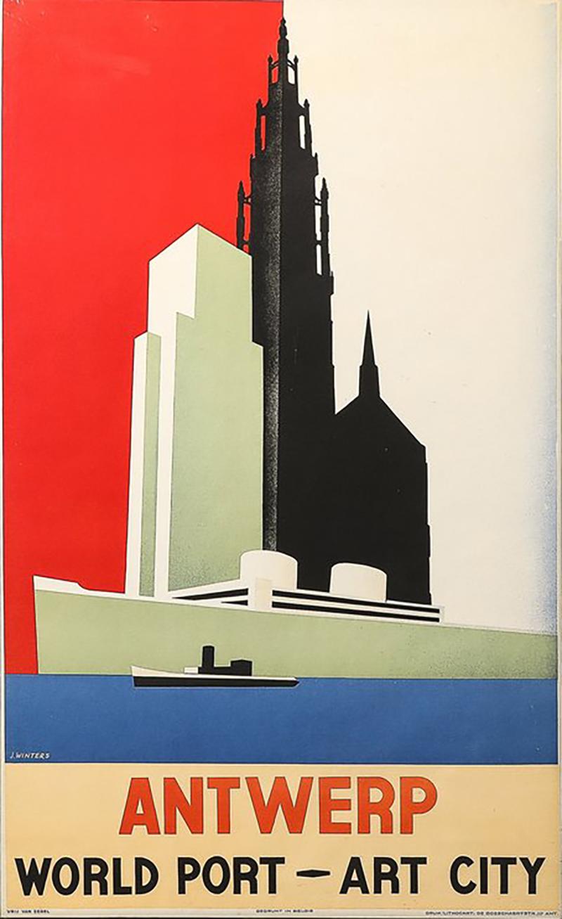Jozef Winters Art Deco Lithograph Poster Antwerp World Port Art City by Jozef Winters