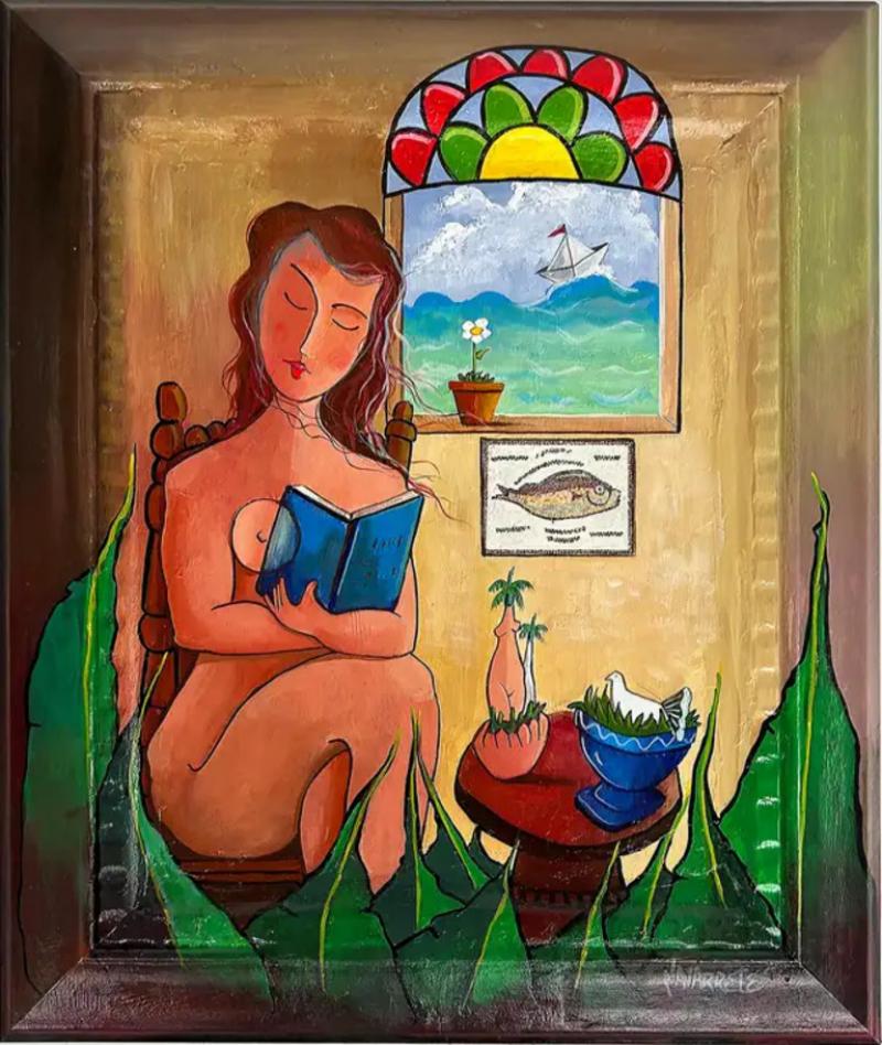 Juan Navarrete Juan Navarette Abstract Cuban Folkloric Painting Woman with Fish and Pigeon 