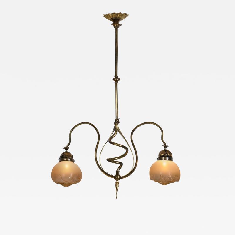 Jugend Ceiling Lamp in Patinated Brass and Glass Europe early 20th century