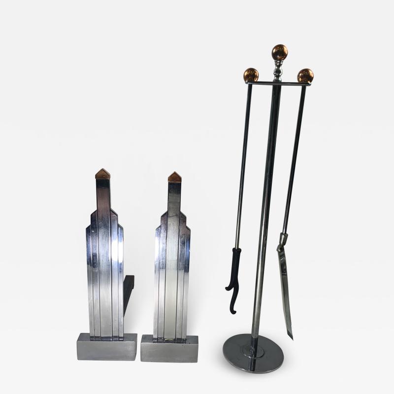 Jules Bouy ART DECO CHROME AND COPPER ANDIRONS AND FIRETOOLS BY JULES BOUY