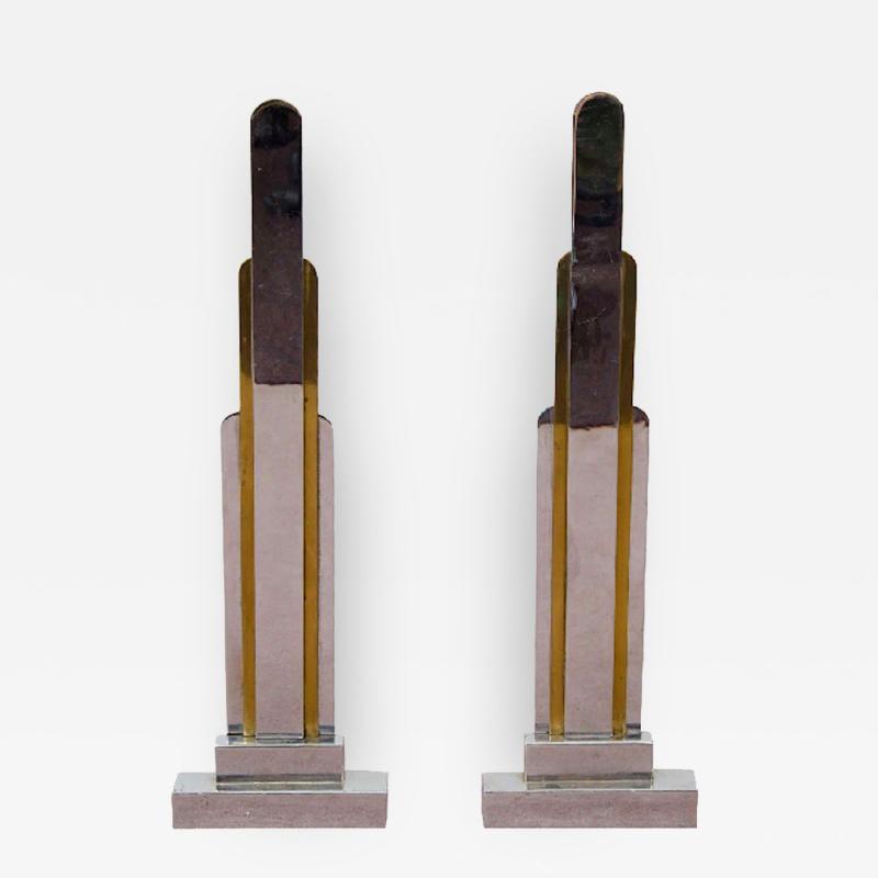 Jules Buoy French Art Deco Pair of Bronze Skyscraper Form Andirons by Jules Buoy