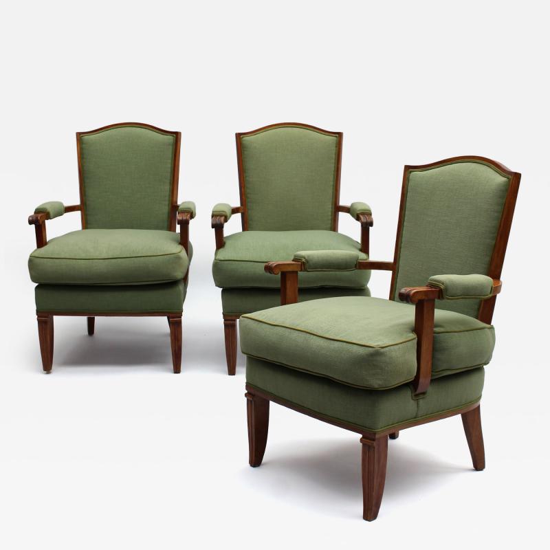 Jules Leleu 3 Fine French 1940s Mahogany Armchairs by Jules Leleu