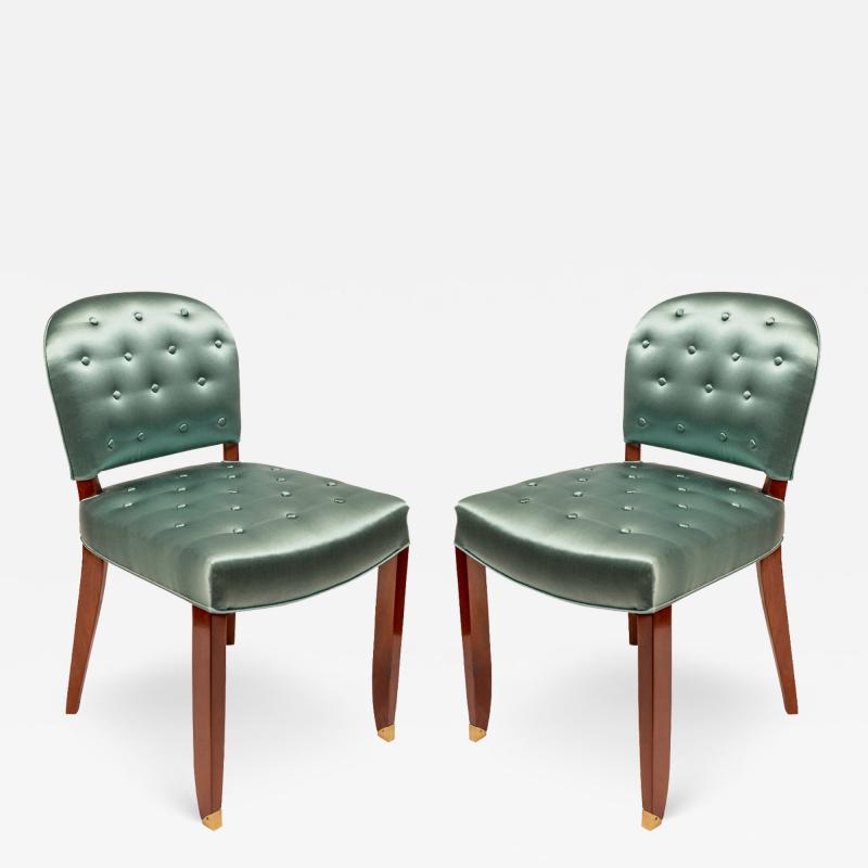 Jules Leleu Jules Leleu Pair of Art Deco Side Chairs in Green Sateen 1940s Each Numbered 