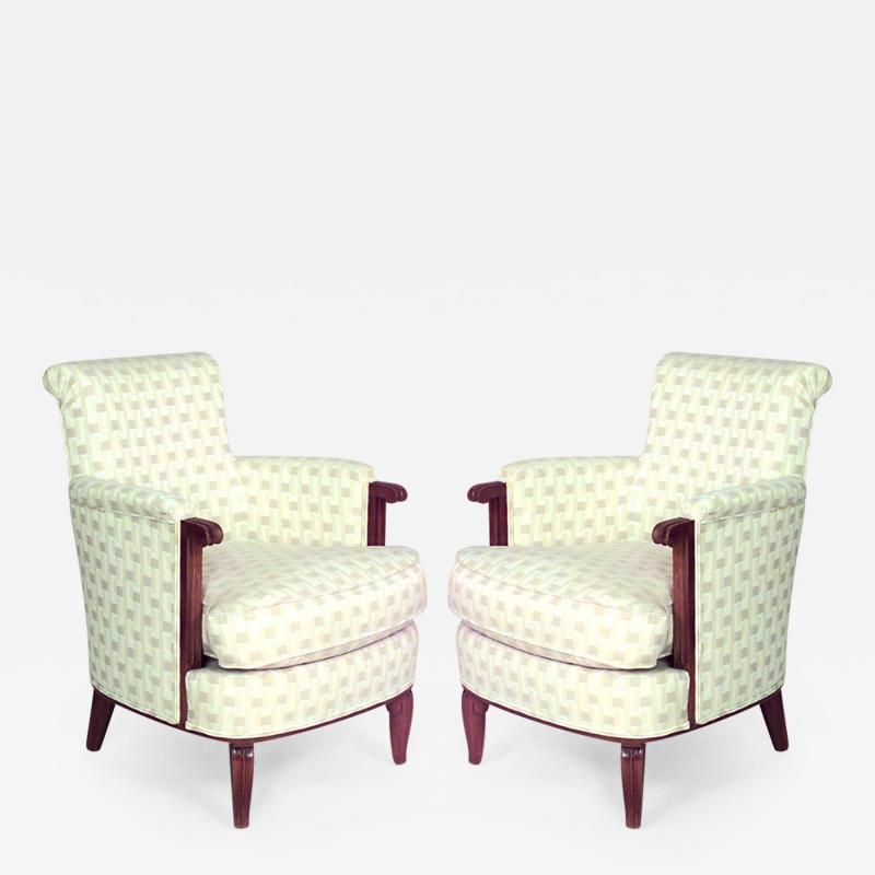 Jules Leleu Pair of French Art Deco Mahogany Bergere Armchairs