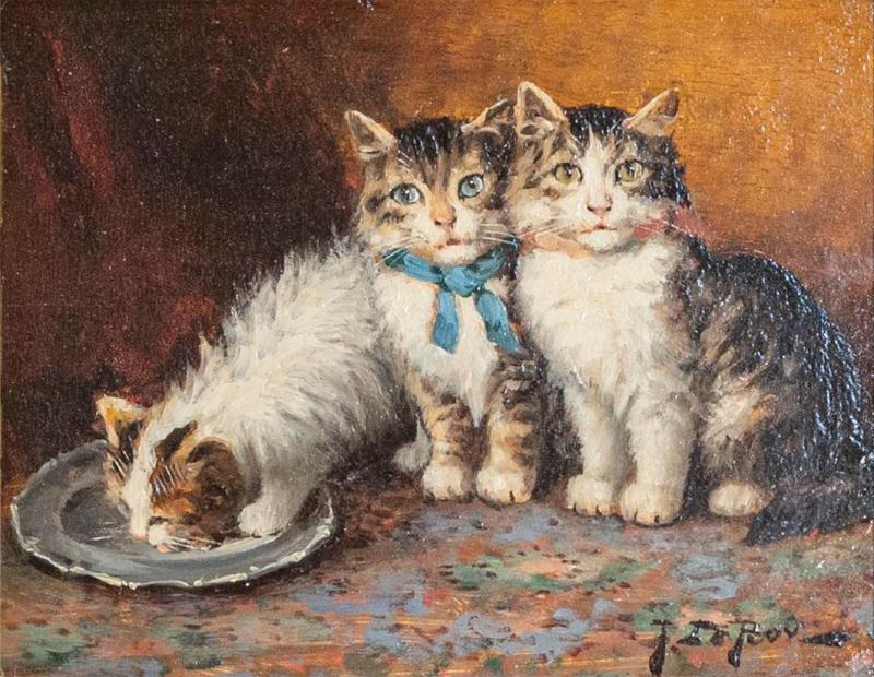 Jules Leroy Leroy French Giltwood Framed Oil on Panel Kitten Painting Signed Jules Le Roy