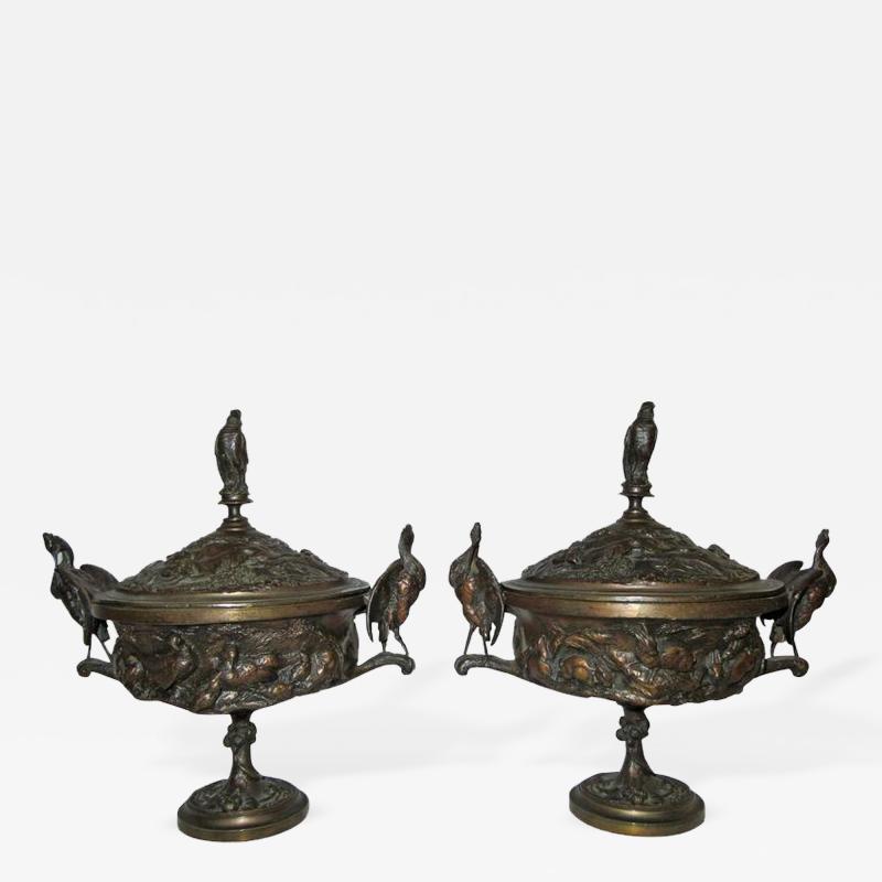Jules Moigniez Pair of Bronze Coupe Aux Cigognes Covered Urns by Jules Moigniez