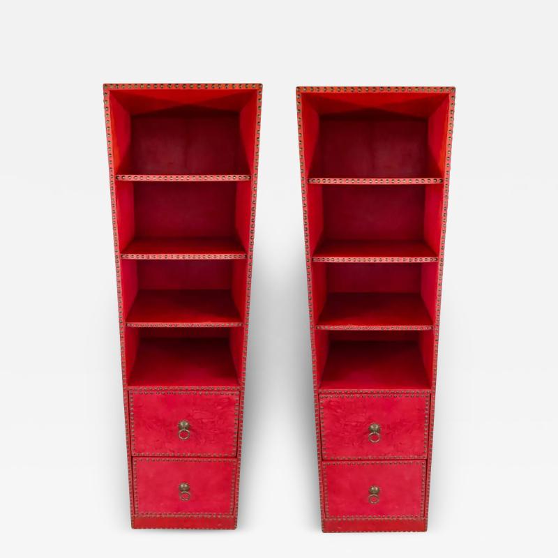 Julian Schnabel Julian Schnabel Leather Tooled Red Cabinet or Bookcase Pair