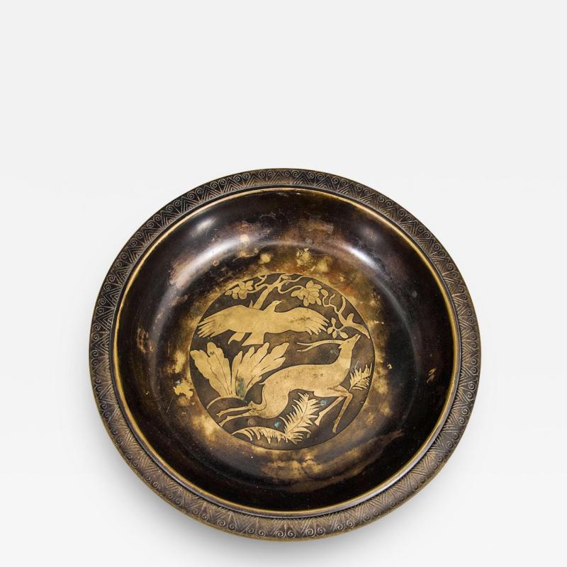 Just Andersen DANISH ART DECO JUST ANDERSEN FALCON AND DEER IN LANDSCAPE BRONZE CHARGER